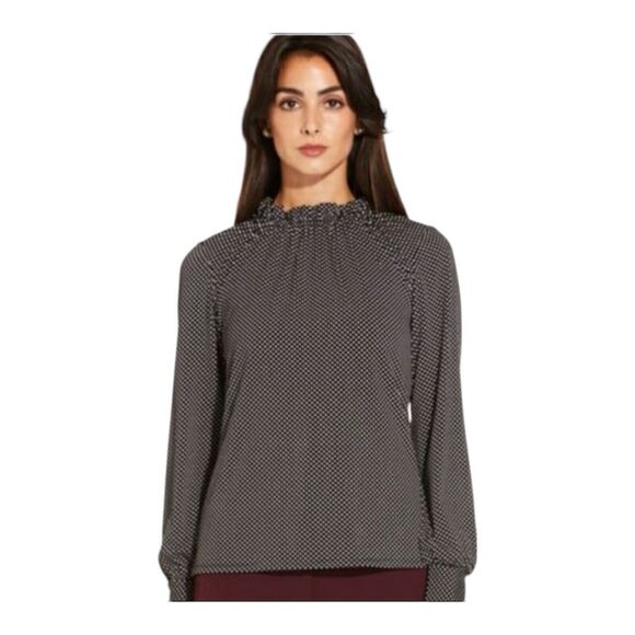 Adrianna Papell Tops - Adrianna Papell Ruffle‎ Neck  Top Women's Size L Large Pindot Black White